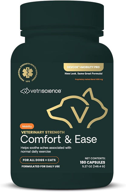 VETRISCIENCE Veterinary Strength Comfort &amp; Ease Capsules - Mobility Supplement for Pets - Supports Aches from Normal Exercise - Joint Care for Dogs &amp; Cats - 180 Count