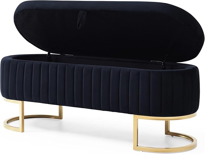50" Sherpa Storage Ottoman Bench – Velvet Upholstered Bedroom Bench with Golden Metal Legs, Lift-Top Hidden Storage, Modern Footrest for Living Room, Entryway, Bed End (Black)