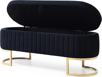 50" Sherpa Storage Ottoman Bench – Velvet Upholstered Bedroom Bench with Golden Metal Legs, Lift-Top Hidden Storage, Modern Footrest for Living Room, Entryway, Bed End (Black)