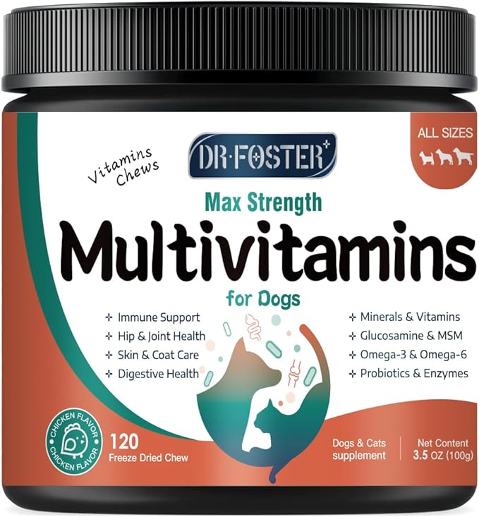 Dog Multivitamin with Glucosamine, Omega 3, Minerals, Probiotics and Enzymes, Dog Vitamins and Supplements for Joint, Skin &amp; Coat Care, Digestive and Immune Health, Chicken Flavor - 120 Chews