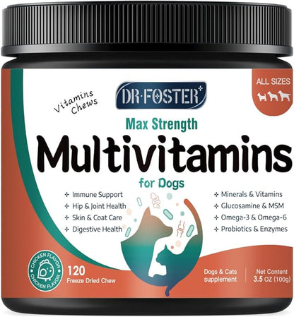 Dog Multivitamin with Glucosamine, Omega 3, Minerals, Probiotics and Enzymes, Dog Vitamins and Supplements for Joint, Skin &amp; Coat Care, Digestive and Immune Health, Chicken Flavor - 120 Chews