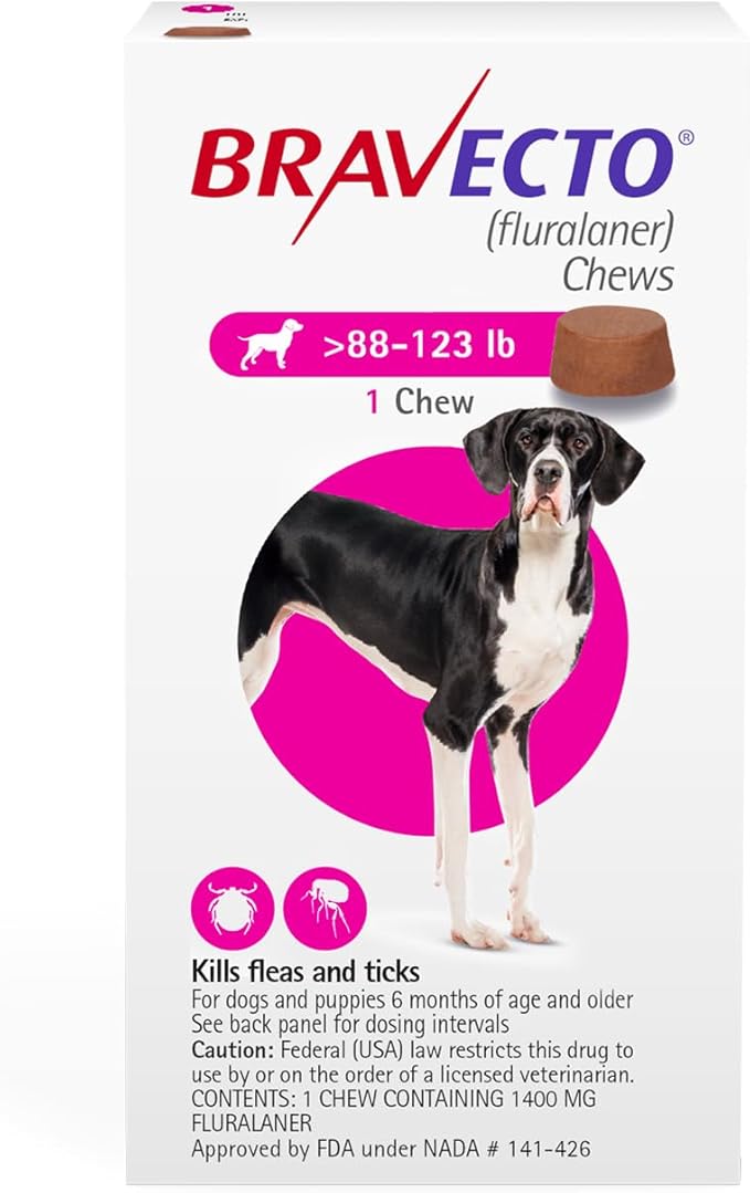 BRAVECTO Chew for Dogs, Flea &amp; Tick, 1 Chew, 12 Week Supply, 88-123 lbs., Pink Box