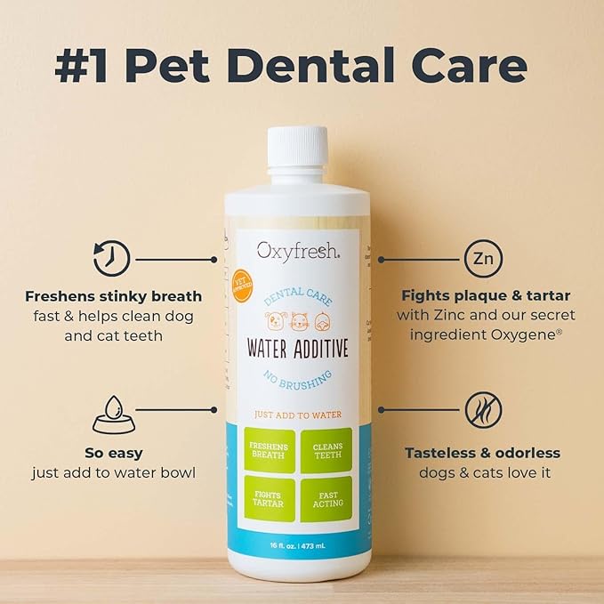 Oxyfresh Premium Pet Dental Care Solution Pet Water Additive: Best Way to Eliminate Bad Dog Breath and Cat Bad Breath - Fights Tartar &amp; Plaque - So Easy, Just Add to Water! Vet Recommended 16 oz.
