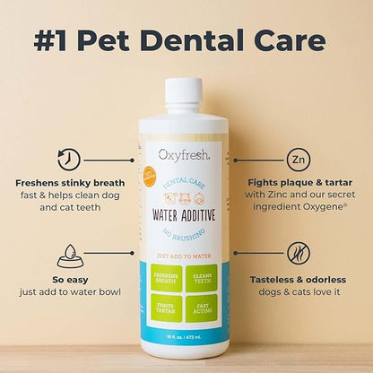 Oxyfresh Premium Pet Dental Care Solution Pet Water Additive: Best Way to Eliminate Bad Dog Breath and Cat Bad Breath - Fights Tartar &amp; Plaque - So Easy, Just Add to Water! Vet Recommended 16 oz.