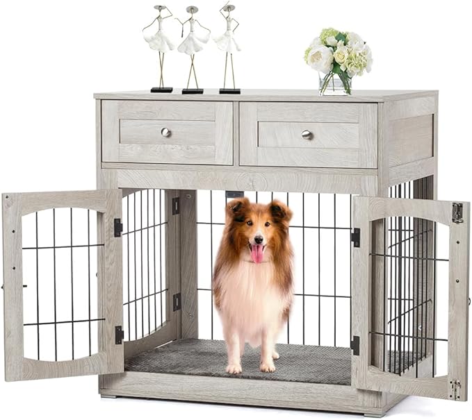 Dog Crate Furniture for Medium Dogs, Wooden Dog Kennel Indoor with Double Doors, Dog Cage with Cushion &amp; Drawers, Dog House Side End Table for Small Medium Dogs up to 45 lb, 31.5” L, Grey