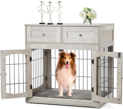 Dog Crate Furniture for Medium Dogs, Wooden Dog Kennel Indoor with Double Doors, Dog Cage with Cushion &amp; Drawers, Dog House Side End Table for Small Medium Dogs up to 45 lb, 31.5” L, Grey