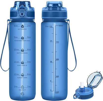 32oz Motivational Water Bottles with Time Marker &amp; Fruit Strainer, Transparent Gradient Color Water Bottle with Times to Drink, Leakproof &amp; BPA Free, Reusable Bottle with Strap (No Straw)
