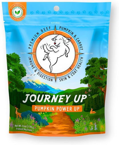 HappyTails Journey Up, Pumpkin Power Up Jerky Treats for Dogs with Beef, Pumpkin &amp; Carrots-Made in USA-Prebiotics for Gut &amp; Immune Health, Omega 3 &amp; 6 for Skin &amp; Coat, Small-Large Dogs, 6 oz.