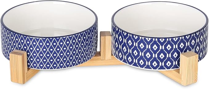 Selamica Ceramic 14 OZ Dog Bowls with Wooden Stand, Anti-Slip Dog Dishes Set for Cats &amp; Small Dogs, Weighted Pet Bowls Set of 2, Vintage Blue