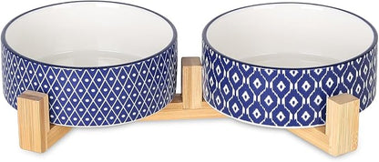 Selamica Ceramic 14 OZ Dog Bowls with Wooden Stand, Anti-Slip Dog Dishes Set for Cats &amp; Small Dogs, Weighted Pet Bowls Set of 2, Vintage Blue