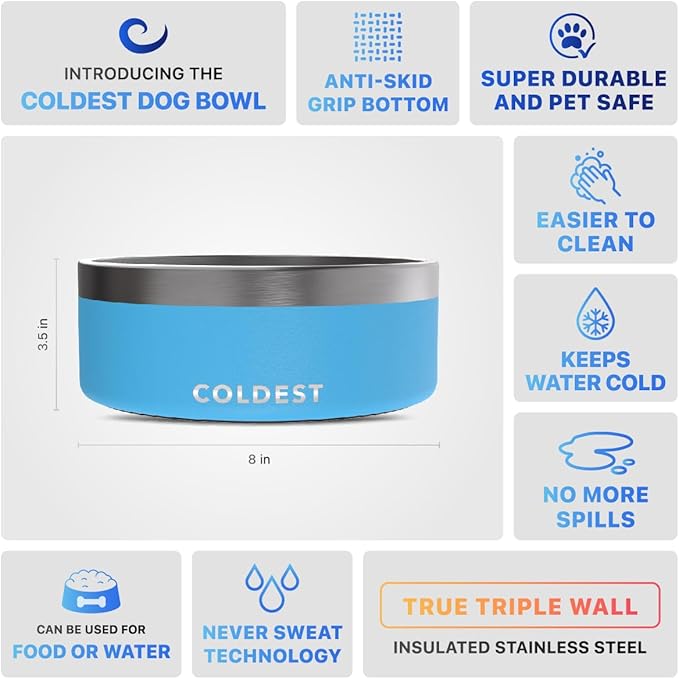 Coldest Dog Bowl - Anti Rust Metal, Non Slip, 3 Layers Insulated Stainless Steel Dog Bowls - Spill Proof &amp; Heavy Duty - Water Bowl for Dogs, Cats &amp; Pets, Dish Washer Safe (64 oz, Celestial Blue)