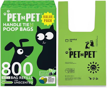 Pet N Pet 800 Counts Unscented Dog Poop Bags Rolls with Tie Handles, 38% Plant Based &amp; 62% PE Poop Bags for Dogs, Extra-Thick Doggie Poo Bag, Pet Waste Bag