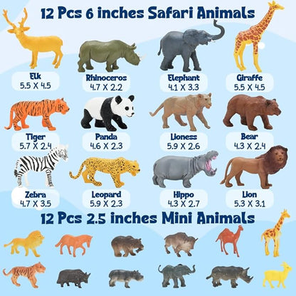 24Pcs Safari &amp; Zoo Animals Figures, Realistic Plastic Animal Toys Set for Kids 1 2 3, Lion, Elephant, Perfect for Play, Education, Baby Shower Decor,Party Supplies Cake Topper
