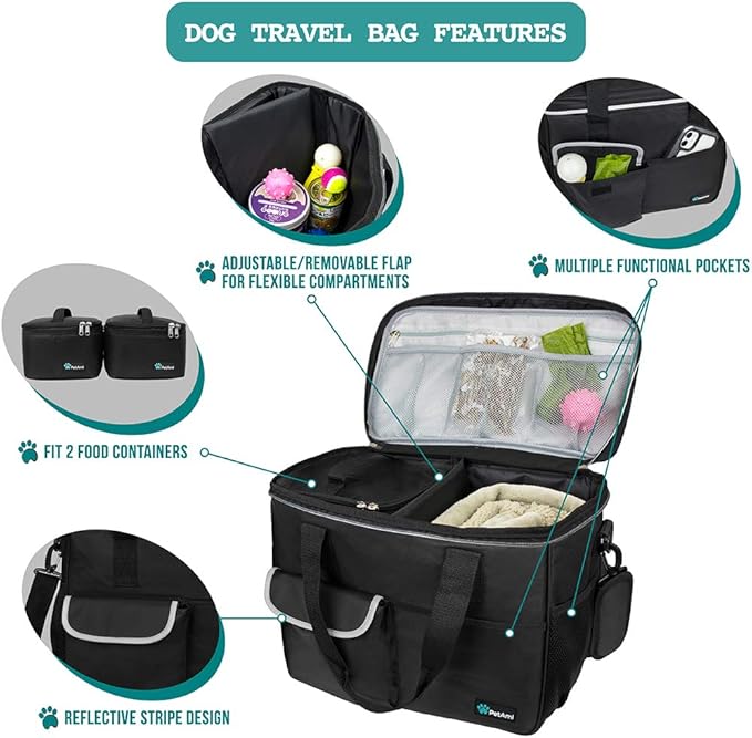 PetAmi Travel Bag Organizer - Dog &amp; Cat Diaper Bag with Food Container, Bowls &amp; Accessories for Weekend Camping