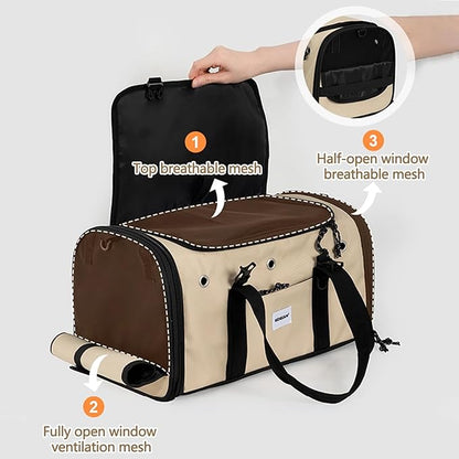 Pet Carrier Bag, Foldable Cat Bag Airline Approved, Soft-Sided Cat Travel Bag, Washable Dog Carrier Privacy Protection for Home Outdoor Travel(S, Brown)