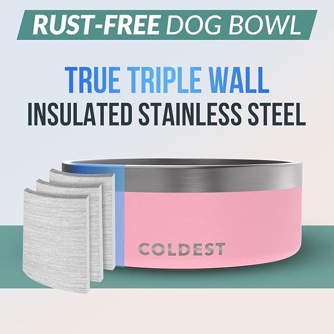Coldest Dog Bowl - Anti Rust Metal, Non Slip, 3 Layers Insulated Stainless Steel Dog Bowls - Spill Proof &amp; Heavy Duty - Water Bowl for Dogs, Cats &amp; Pets, Dish Washer Safe (64 oz,Cotton Candy Pink)