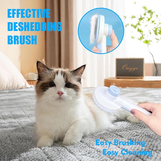 Grooming Brush Kit - 5pcs for Shedding &amp; Matted Fur, Self-Cleaning with Flea Comb for Indoor Long-Haired Cats, Blue
