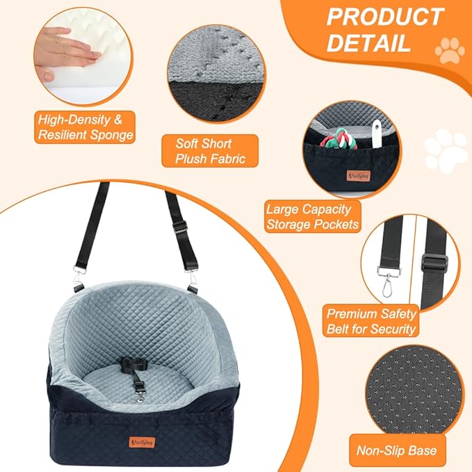 Vivifying Dog Car Seat for Small &amp; Medium Dogs, Detachable &amp; Washable Booster Seat for Pets Up to 30lbs, Travel Bed with Storage Pockets and Safety Belt – Gray&amp;Black