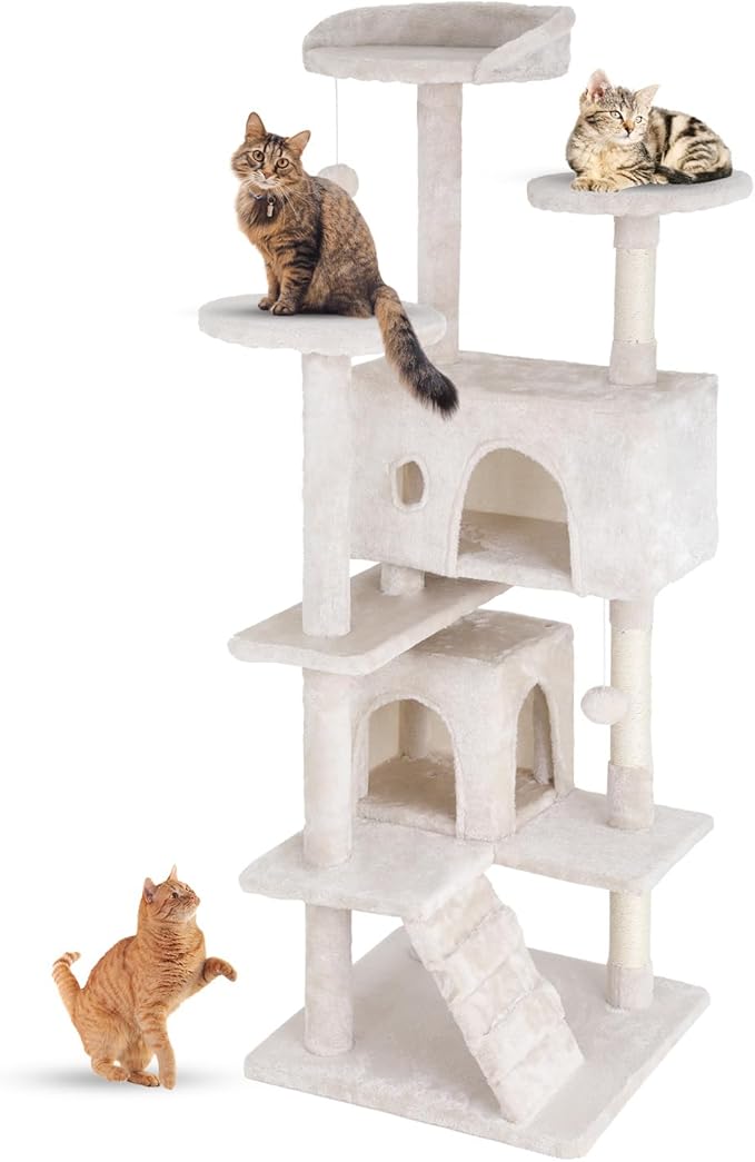 FDW Cat Tree 54in Cat Tower Multi-Level Durable Cat Scratching Post &amp; Cozy Fun Cat Jumping Platform Space Saving Cat Condo Pet Play House for Indoor Cats,Beige