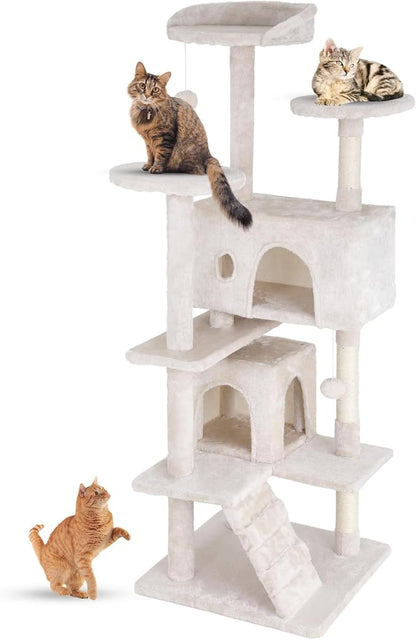 FDW Cat Tree 54in Cat Tower Multi-Level Durable Cat Scratching Post &amp; Cozy Fun Cat Jumping Platform Space Saving Cat Condo Pet Play House for Indoor Cats,Beige