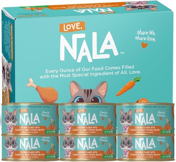 LOVE, NALA - Natural Adult Cat Wet Food - FLAKED Chicken with Carrot &amp; Sweet Potato in Broth - Grain Free, Non-GMO, Lean Protein, Digestive Fiber Blend, Added Minerals &amp; Vitamins - 12 Pack, 2.4 lbs.