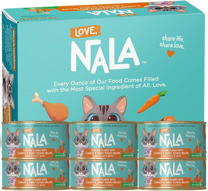 LOVE, NALA - Natural Adult Cat Wet Food - FLAKED Chicken with Carrot &amp; Sweet Potato in Broth - Grain Free, Non-GMO, Lean Protein, Digestive Fiber Blend, Added Minerals &amp; Vitamins - 12 Pack, 2.4 lbs.