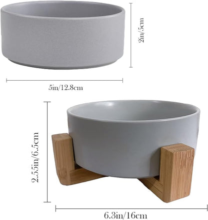 Ceramic Dog Cat Bowl with Wood Stand,Cat Food &amp; Water Bowls Elevated Non-Spill Modern Cute Kitty Dishes Heavy Weighted Round Pet Dishes Set for Small Kitten Grown Cat(Grey)