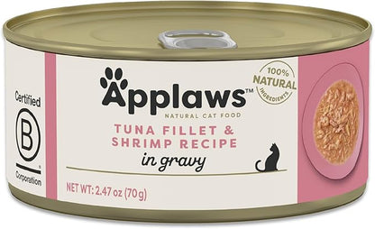 Applaws Natural Wet Cat Food in Gravy, Limited Ingredient Canned Wet Cat Food, No Additives, Made with Natural Ingredients, Tuna Fillet &amp; Shrimp in Gravy (24 x 2.47oz Cans)
