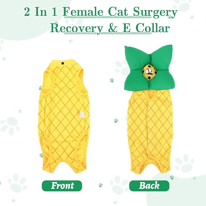 EMUST 2PCS Cat Recovery Suit &amp; Cat Cone Collar Female, Soft &amp; Adjustable Dog Surgery Suit Female Spay for Abdominal Wounds, Cotton Cone for Cats to Stop Licking for Small Female Pets 8-16lb, Yellow, L