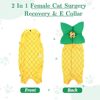 EMUST 2PCS Cat Recovery Suit &amp; Cat Cone Collar Female, Soft &amp; Adjustable Dog Surgery Suit Female Spay for Abdominal Wounds, Cotton Cone for Cats to Stop Licking for Small Female Pets 8-16lb, Yellow, L
