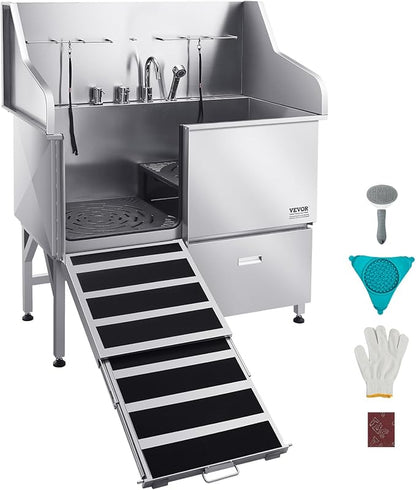 VEVOR Professional 304 Stainless Steel Dog Bathing Station, 50 inch Pet Grooming Tub w/Anti-Slip ramp, Storage Drawer, Cold Hot Faucet Showerhead, for Large &amp; Medium &amp; Small (Left Door, with Drawer)