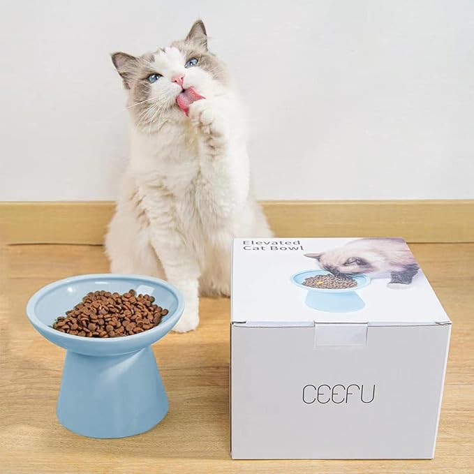 Extra Wide Elevated Ceramic Cat Food Bowl - 6.2" Shallow Dish for Whisker Fatigue Relief, 5" Height for Easy Feeding, Lead &amp; Cadmium Free, Durable Raised Cat Food Bowls, Blue