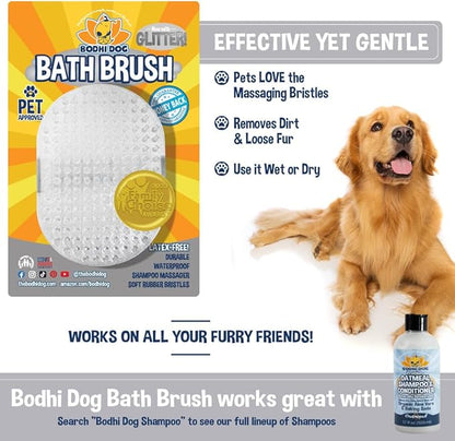 Bodhi Dog Shampoo Brush - Pet Grooming &amp; Bath Supplies for Dogs and Cats - Bath Brush for Long &amp; Short Hair - Premium Scrubber for Shower, Bathing &amp; Massage (One Pack, Silver Glitter)