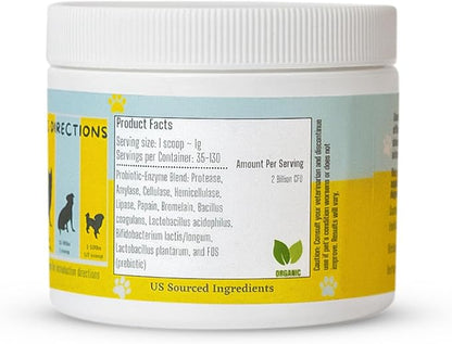 Dog &amp; Cat Probiotics, Prebiotics, &amp; Digestive Enzymes – Flavorless Powder for Gut Health, Allergies, Itchy Skin, Gas &amp; Diarrhea – Organic, Vet-Approved – 65g Bottle (Up to 65 Servings)