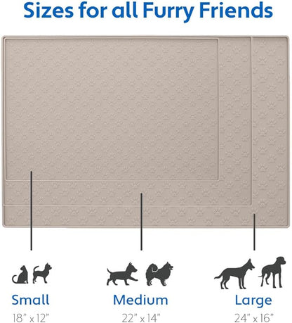 MIGHTY MONKEY 100% Waterproof Dog Food Mat, Raised Edges Silicone Pet Feeding Placemat for Cat, Dogs, Pet Bowls, High Lipped Tray Prevents Water Spills, Food on Floor, Dishwasher Safe, 22x14, Beige
