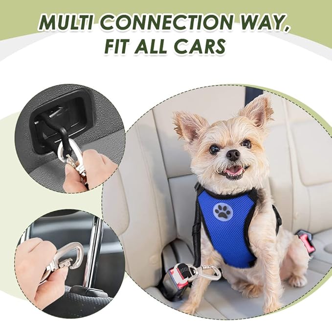 SlowTon Dog Seat Belt Harness for Car, Dog Car Harness Adjustable Mesh Breathable &amp; Dog Seatbelt Safety Tether with Elastic Bungee for Small Medium Large Pets(Blue, Double Clip, L)