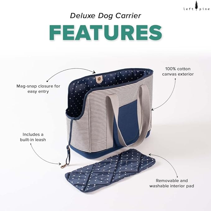 LeftPine x P.L.A.Y. Deluxe Dog Carrier Purse - Soft Sided Pet Travel Tote for Small Dogs &amp; Puppies up to 16 Pounds - Built-in Safety Leash, Machine Washable Liner, Exterior Pocket (Navy Striped)