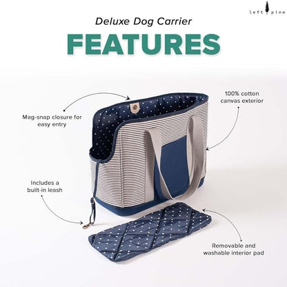 LeftPine x P.L.A.Y. Deluxe Dog Carrier Purse - Soft Sided Pet Travel Tote for Small Dogs &amp; Puppies up to 16 Pounds - Built-in Safety Leash, Machine Washable Liner, Exterior Pocket (Navy Striped)