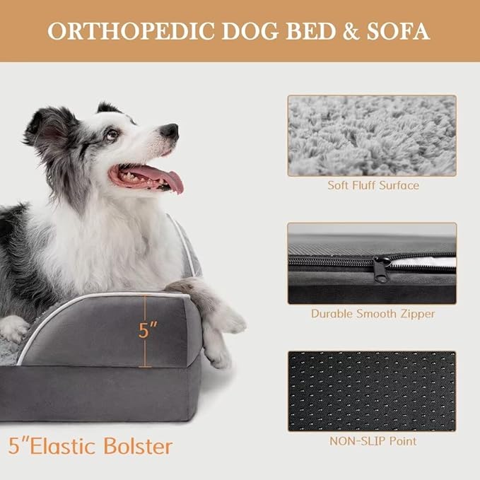 Comfort Expression Memory Foam Dog Beds, Orthopedic Dog Beds for Extra Large Dogs, Waterproof Dogs Beds Jumbo Breed, with Bolster &amp; Removable Cover(Jumbo,Silver Grey)