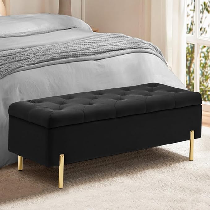 45.6 Inch Velvet Storage Ottoman, Rectangular Accent Bench for Bedroom &amp; Living Room, Black