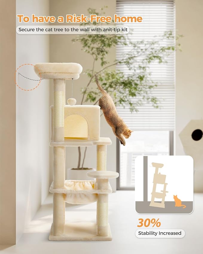 PETEPELA 45.7" Cat Tree for Indoor Cats, 5-Level Cat Tower for Large Cats with Metal Frame Large Hammock (17.3"x15.3"), Cat Condo with (18.5"x13") Big Top Perch &amp; 4 Sisal Covered Scratching Post Beige