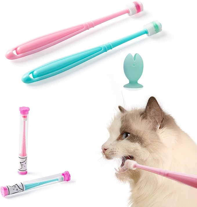 E.M&amp;S.T by Emmeliestella Small Dog &amp; Cat Toothbrush 360 Degree Soft Silicone, Cat Dental Care, Toothbrush Holder, Easy to Handle, Independent Packaging, Extra Suction Cup, Light Blue&amp;Light Pink 3PCS