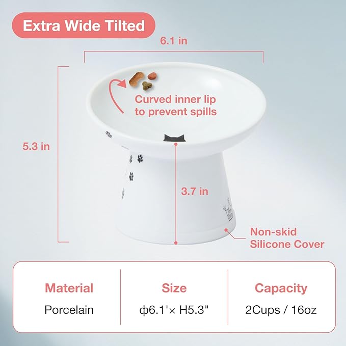 Necoichi Extra Wide Raised Cat Food Bowl, Elevated, Prevent Neck &amp; Whisker Fatigue, Dishwasher and Microwave Safe, No.1 Seller in Japan! (Cat, Extra Wide Tilted)