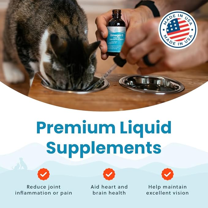 Wild-Caught Omega 3 Fish Oil for Dogs &amp; Cats, Liquid EPA DHA Supplement for Skin, Coat, Joints &amp; Heart, Low-Odor Omega 3 Drops for Small Dog Breeds &amp; Cats with Itchy Skin, 2 oz