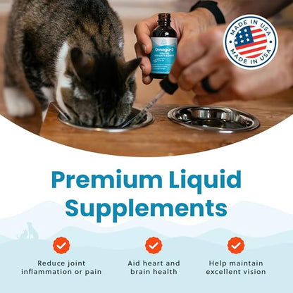 Wild-Caught Omega 3 Fish Oil for Dogs &amp; Cats, Liquid EPA DHA Supplement for Skin, Coat, Joints &amp; Heart, Low-Odor Omega 3 Drops for Small Dog Breeds &amp; Cats with Itchy Skin, 2 oz