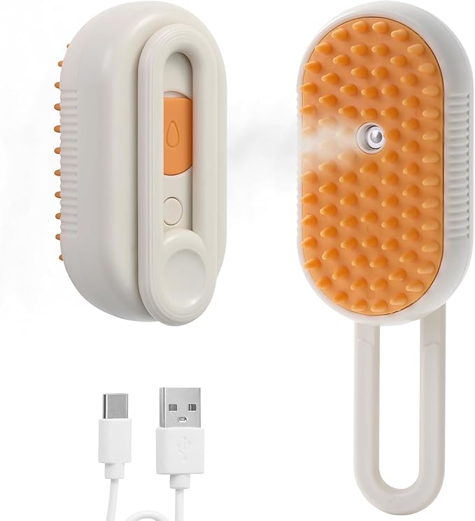 4-in-1 Cat Grooming Brush – Water Spray &amp; Self-Cleaning Shedding Brush for Cats &amp; Dogs – Pet Hair Removal &amp; Massage Comb for Long &amp; Short Hair (beige).