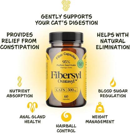FiberSyl Ovatasyl Prebiotics for Cats Digestive Health - Cat Fiber Supplements for Constipation Relief &amp; Support - Psyllium Husk Seed to Support Digestion Problems - Cat Stool Hardener - 60 Capsules