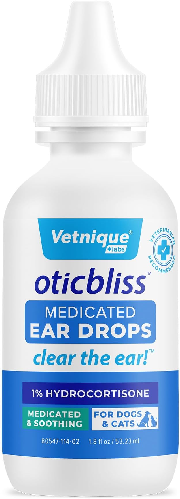 Vetnique Oticbliss Medicated Cat &amp; Dog Ear Cleaner Drops - Dog Ear Infection Treatment with 1% Hydrocortisone to Soothe Itching, Redness, &amp; Swelling - Vet Recommended