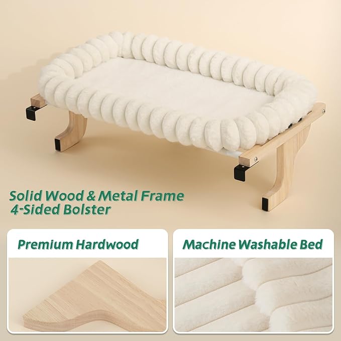 SnugCloud Cat Window Perch with 4-Sided Bolster - Orthopedic Cat Hammock for Window Sill - Solid Hardwood &amp; Metal Frame - Window Seat for Pets (Natural Color Wood w/White Bed, Medium)