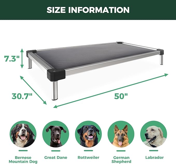 FXW TitanNest Chew-Proof Elevated Dog Bed, Raised Cot for Indoor/Outdoor/Camping Use, Durable &amp; Washable Padded Pet Bed for Large Dogs, 50.0" L x 31.0" W x 7.3" H, Gray